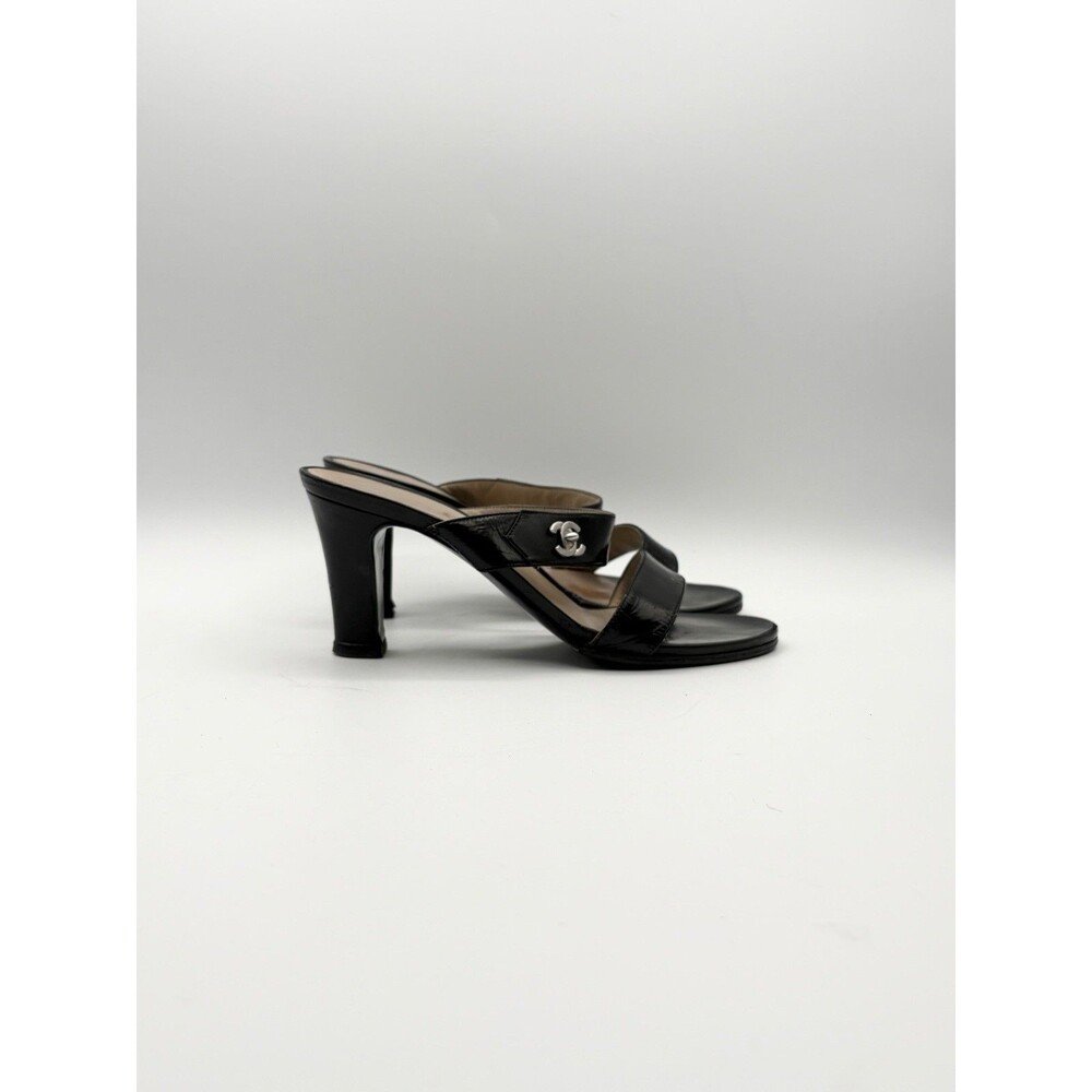Chanel Black Leather Silver CC Turnlock Block Heels Sandals Vintage Size EU 36.5